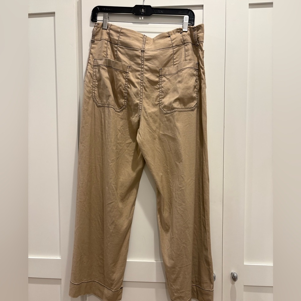 Khaki The Colette Contrast-Stitch Linen Crop Wide-Leg Pants by Maeve 30 - Picture 5 of 7